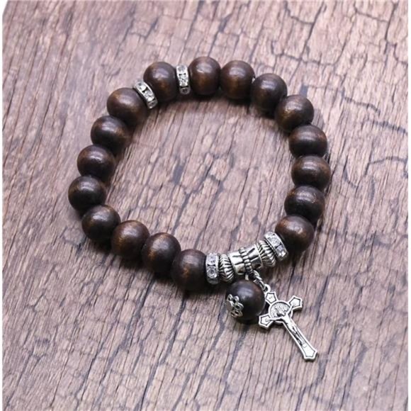 Wood Beads Rosary Bracelet Medal & Catholic Cross Religious Prayer Chaplet - Picture 3 of 5
